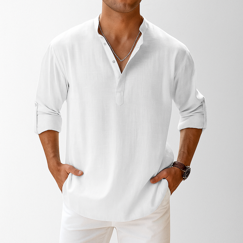 Men’s Lightweight Linen Popover Shirt – Breathable Gossamer Band Collar Summer Top