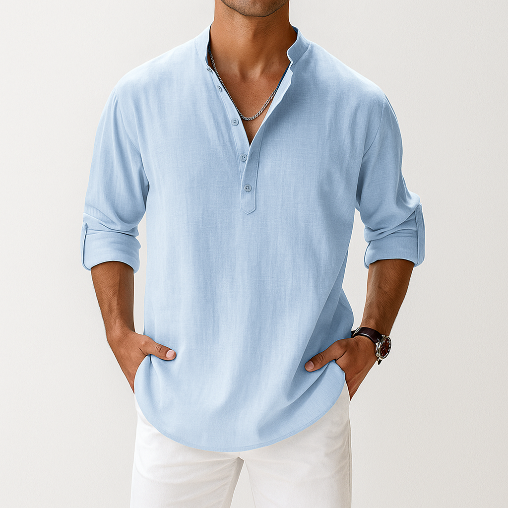 Men’s Lightweight Linen Popover Shirt – Breathable Gossamer Band Collar Summer Top