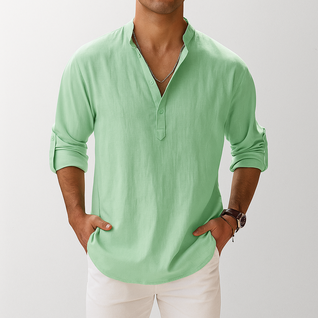 Men’s Lightweight Linen Popover Shirt – Breathable Gossamer Band Collar Summer Top
