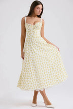 Women's Dress – Elegant Floral Corset Midi Dress with Lace Trim & Tulle Underskirt | Garden Party Chic
