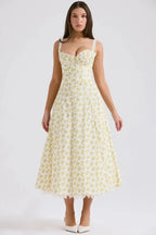 Women's Dress – Elegant Floral Corset Midi Dress with Lace Trim & Tulle Underskirt | Garden Party Chic