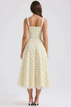 Women's Dress – Elegant Floral Corset Midi Dress with Lace Trim & Tulle Underskirt | Garden Party Chic