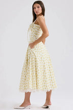 Women's Dress – Elegant Floral Corset Midi Dress with Lace Trim & Tulle Underskirt | Garden Party Chic