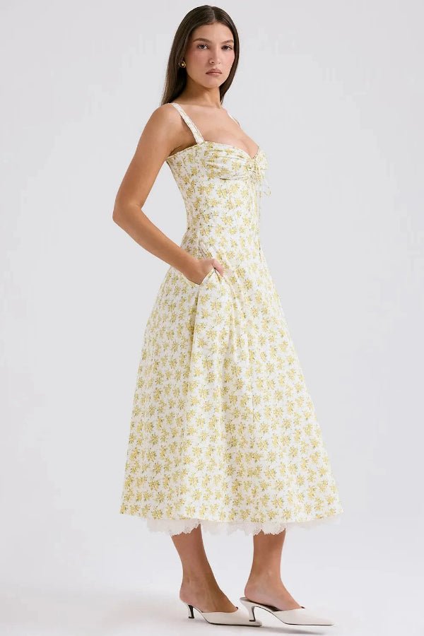 Women's Dress – Elegant Floral Corset Midi Dress with Lace Trim & Tulle Underskirt | Garden Party Chic
