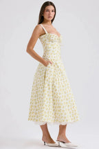 Women's Dress – Elegant Floral Corset Midi Dress with Lace Trim & Tulle Underskirt | Garden Party Chic
