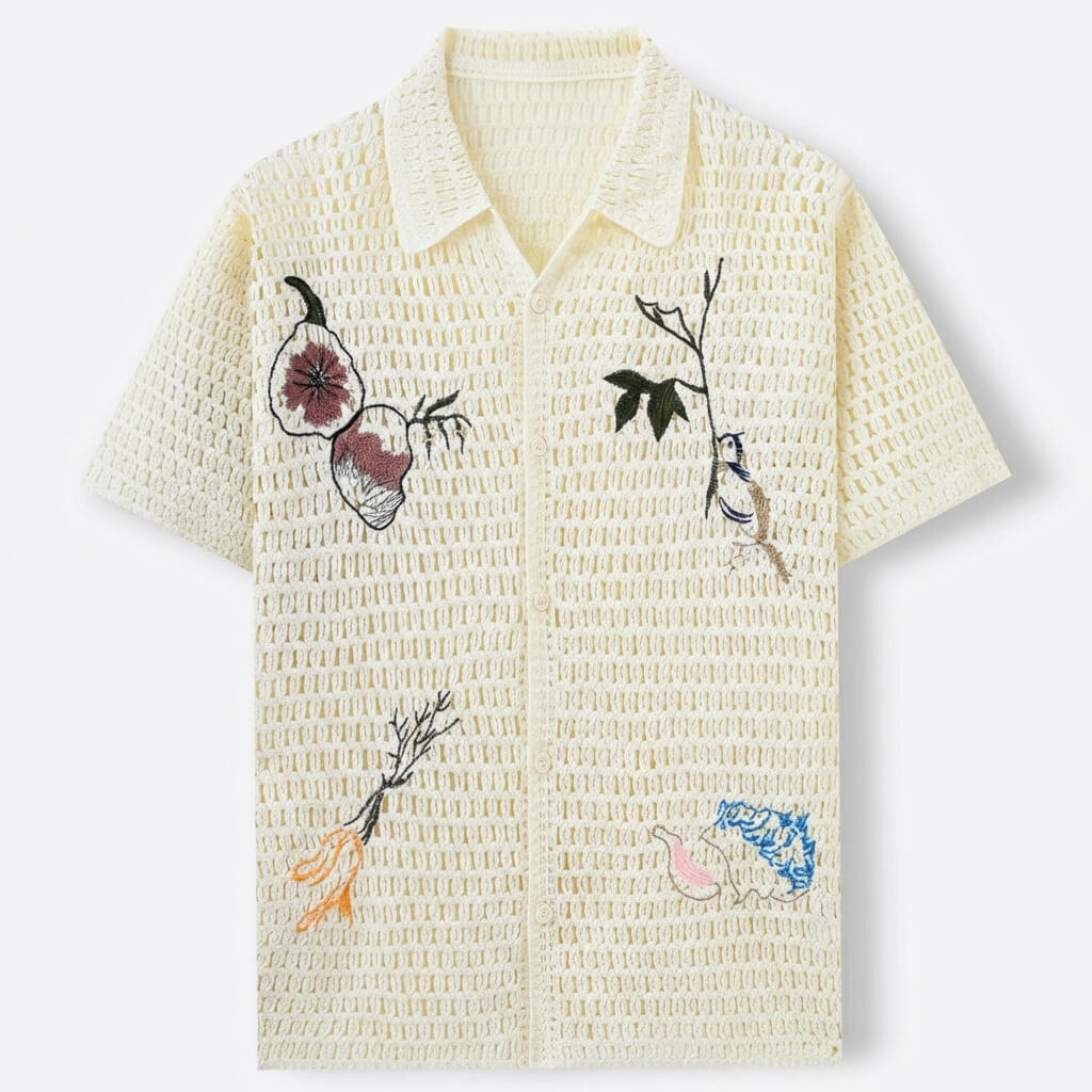 Men’s Botanical Embroidered Open-Weave Shirt – Vintage Resort Short Sleeve Summer Top