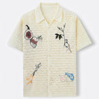Men’s Botanical Embroidered Open-Weave Shirt – Vintage Resort Short Sleeve Summer Top