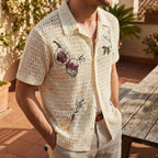 Men’s Botanical Embroidered Open-Weave Shirt – Vintage Resort Short Sleeve Summer Top