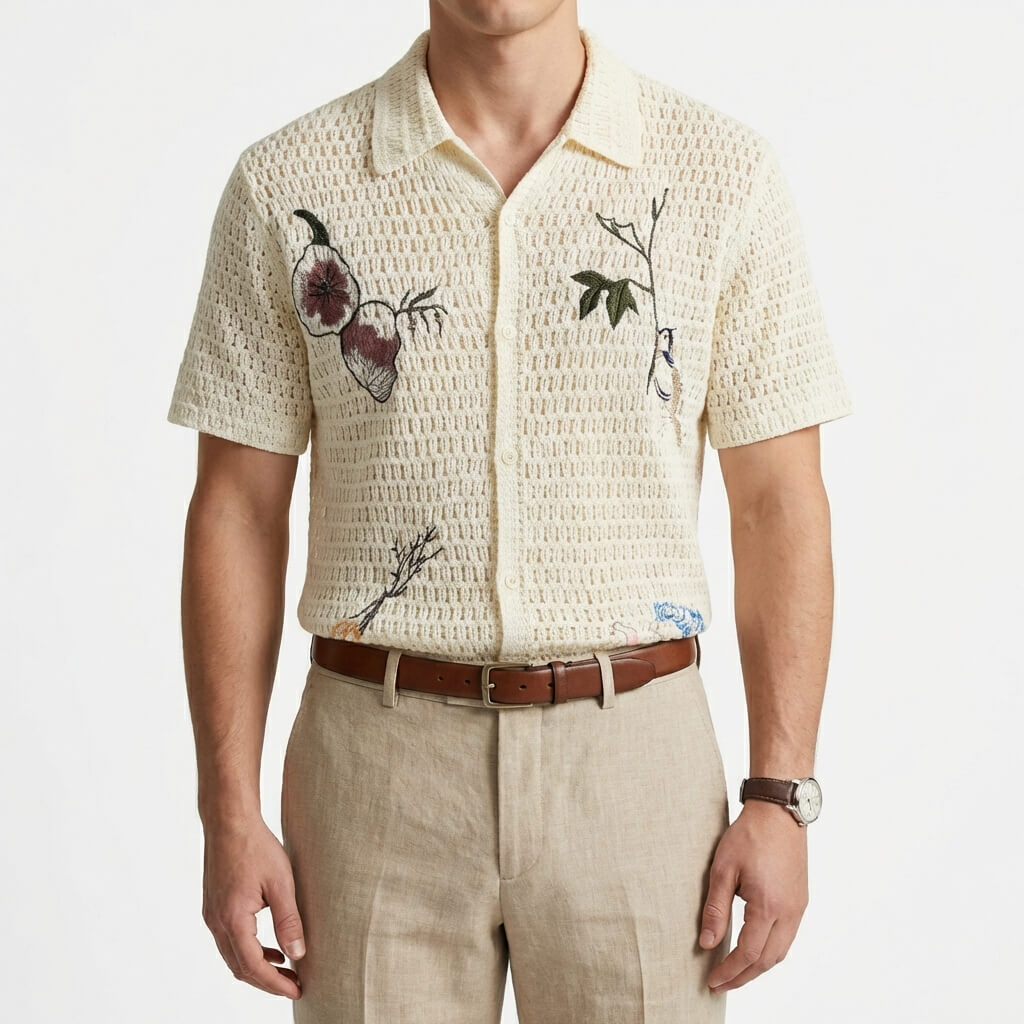 Men’s Botanical Embroidered Open-Weave Shirt – Vintage Resort Short Sleeve Summer Top