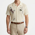 Men’s Botanical Embroidered Open-Weave Shirt – Vintage Resort Short Sleeve Summer Top