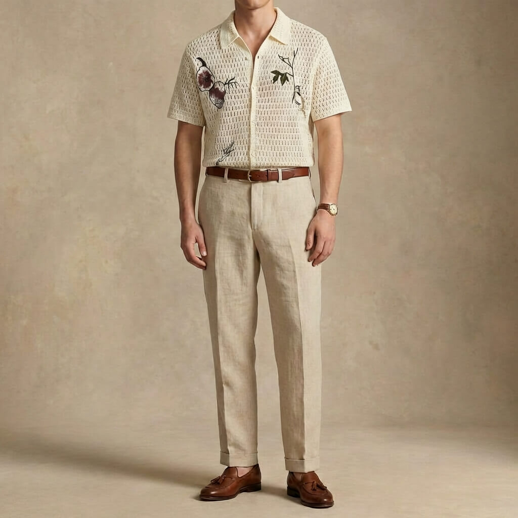 Men’s Botanical Embroidered Open-Weave Shirt – Vintage Resort Short Sleeve Summer Top