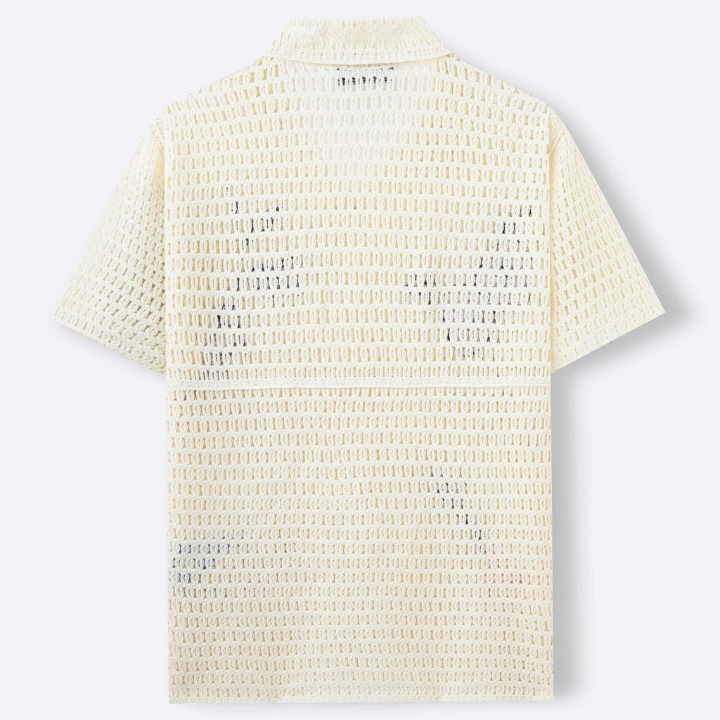Men’s Botanical Embroidered Open-Weave Shirt – Vintage Resort Short Sleeve Summer Top