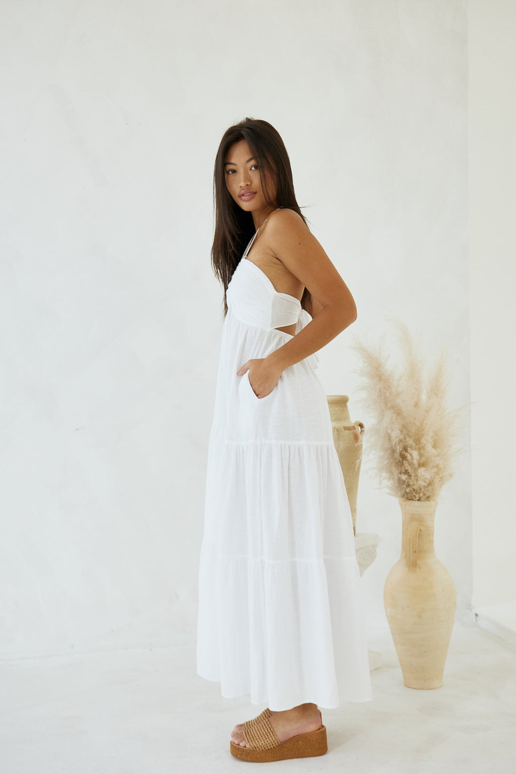Carlotta Maxi Dress — Women’s Open Back Halter Tie Cotton Maxi Dress for Brunch & Summer Occasions