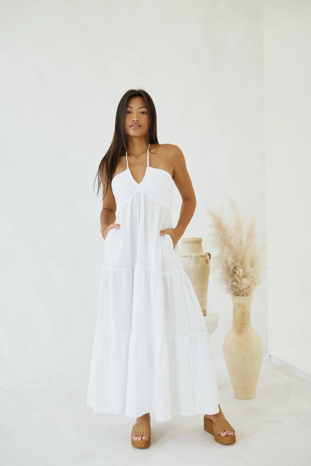 Carlotta Maxi Dress — Women’s Open Back Halter Tie Cotton Maxi Dress for Brunch & Summer Occasions