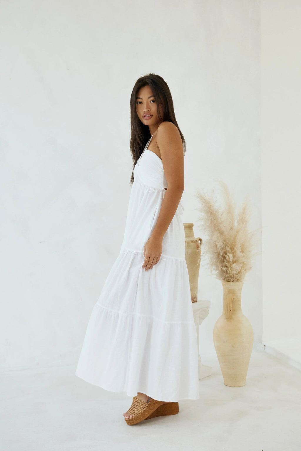 Carlotta Maxi Dress — Women’s Open Back Halter Tie Cotton Maxi Dress for Brunch & Summer Occasions