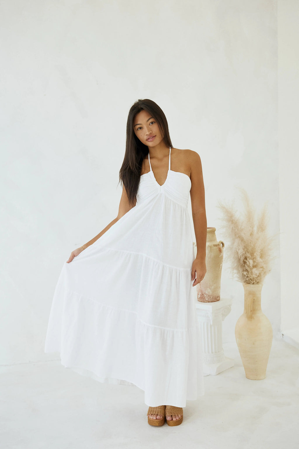 Carlotta Maxi Dress — Women’s Open Back Halter Tie Cotton Maxi Dress for Brunch & Summer Occasions