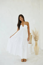 Carlotta Maxi Dress — Women’s Open Back Halter Tie Cotton Maxi Dress for Brunch & Summer Occasions