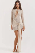 Monica  Dress – Crochet Knit Sarong-Style Lace-Up Beach Maxi Dress | Sun-Drenched Sophistication