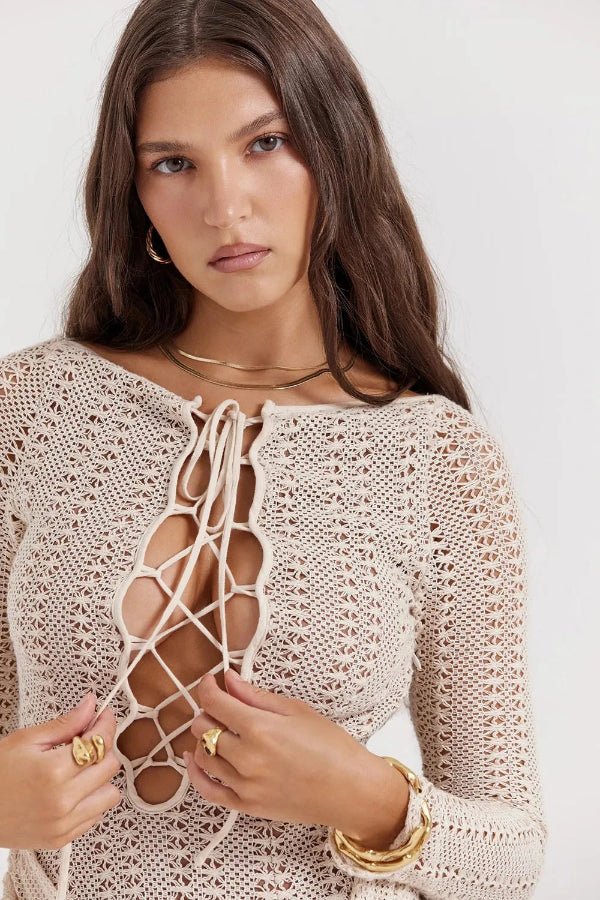 Monica  Dress – Crochet Knit Sarong-Style Lace-Up Beach Maxi Dress | Sun-Drenched Sophistication