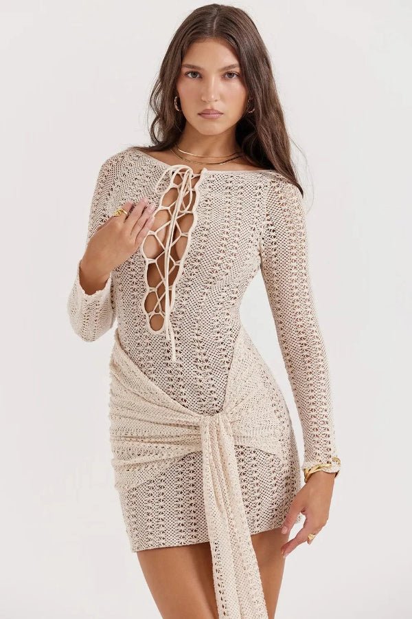 Monica  Dress – Crochet Knit Sarong-Style Lace-Up Beach Maxi Dress | Sun-Drenched Sophistication