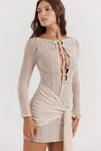Monica  Dress – Crochet Knit Sarong-Style Lace-Up Beach Maxi Dress | Sun-Drenched Sophistication