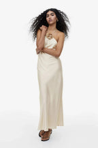 Donna Gown – Liquid Satin Open-Back Floral Halter Evening Dress | Timeless Modern Romance