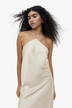 Donna Gown – Liquid Satin Open-Back Floral Halter Evening Dress | Timeless Modern Romance