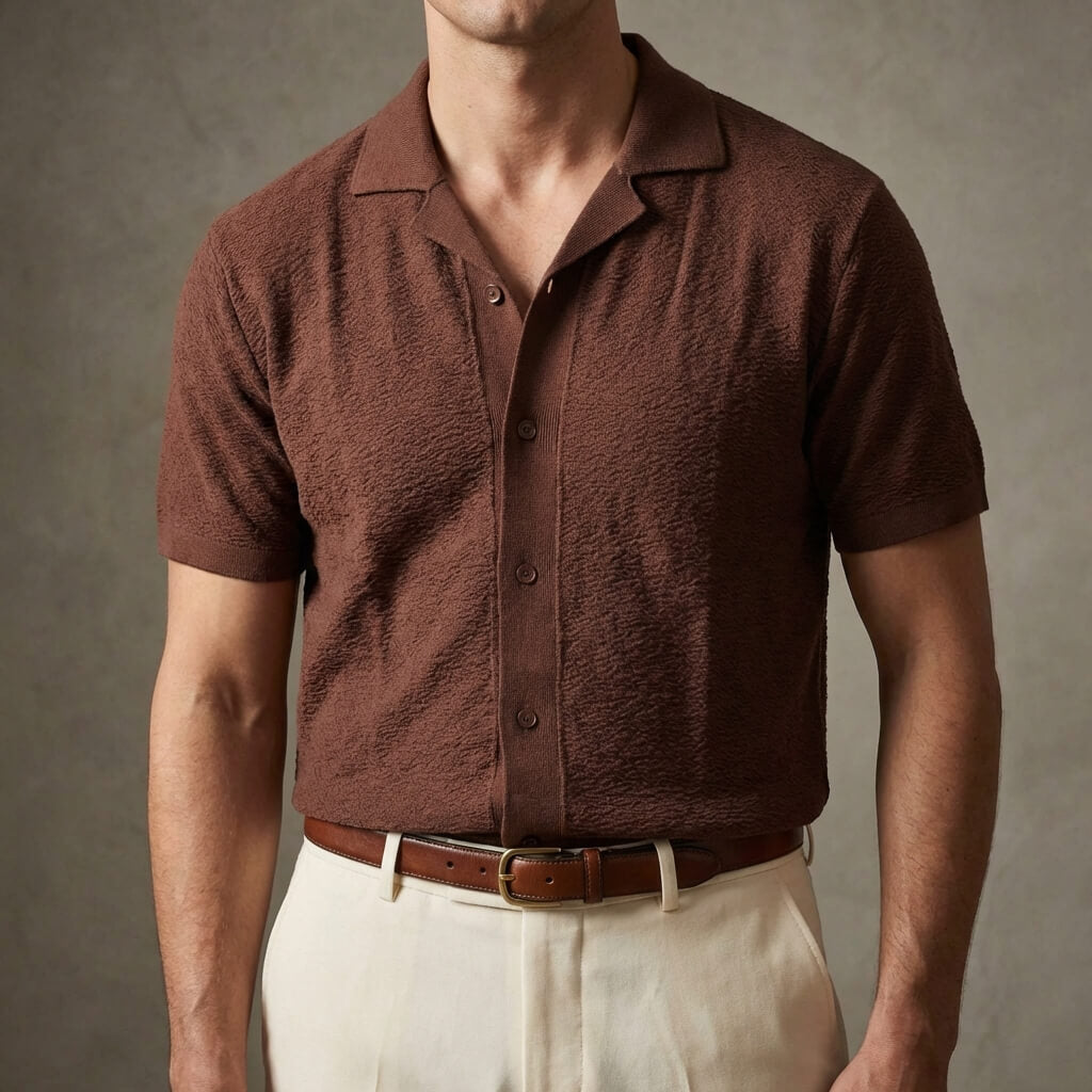 Men’s Ultrasoft Textured Knit Camp Collar Shirt – Short Sleeve Button Front Relaxed Fit Casual Shirt