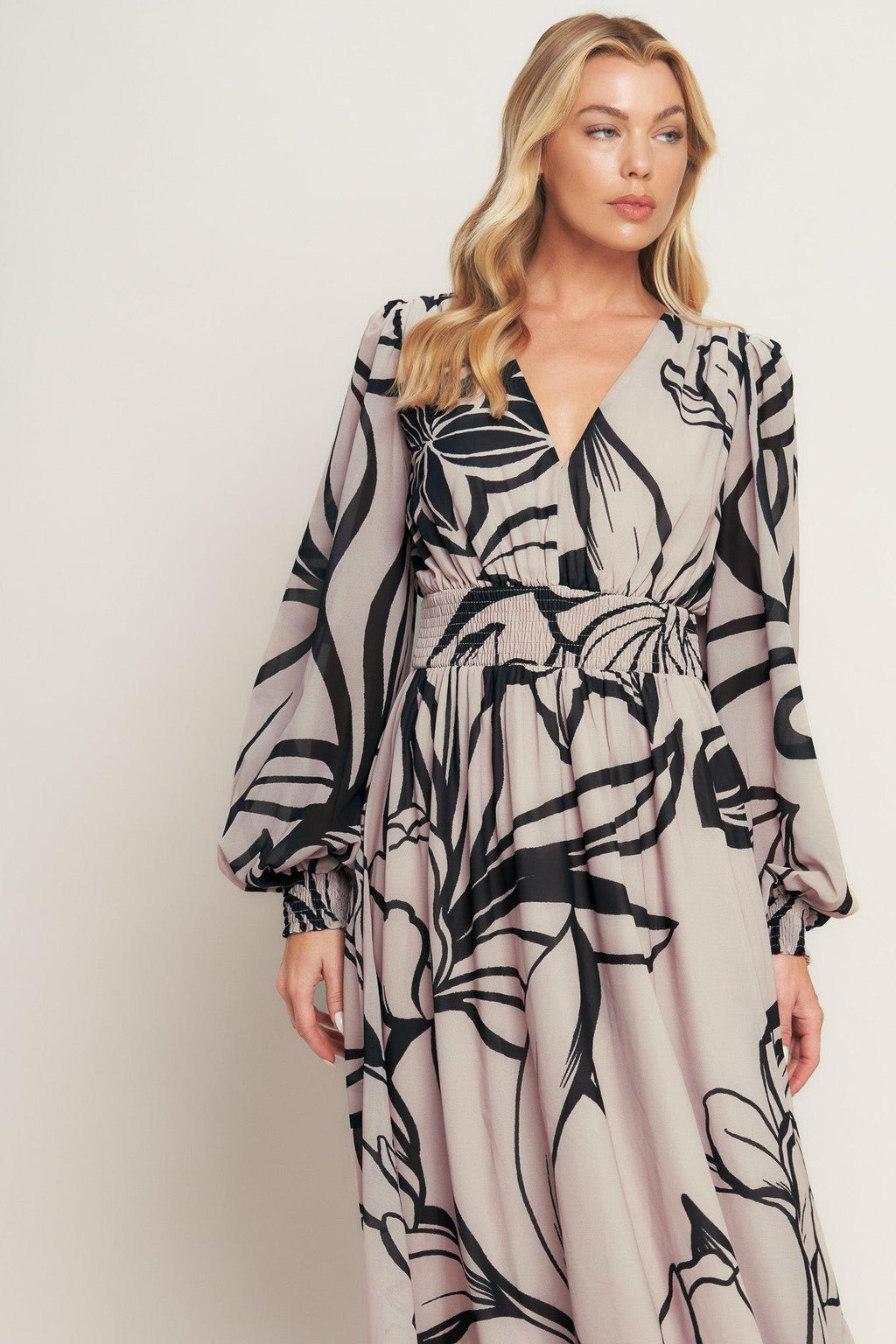Women’s Printed Plunging V-Neck Maxi Dress – Long Sleeve Smocked Waist Flowing Dress