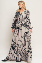 Women’s Printed Plunging V-Neck Maxi Dress – Long Sleeve Smocked Waist Flowing Dress