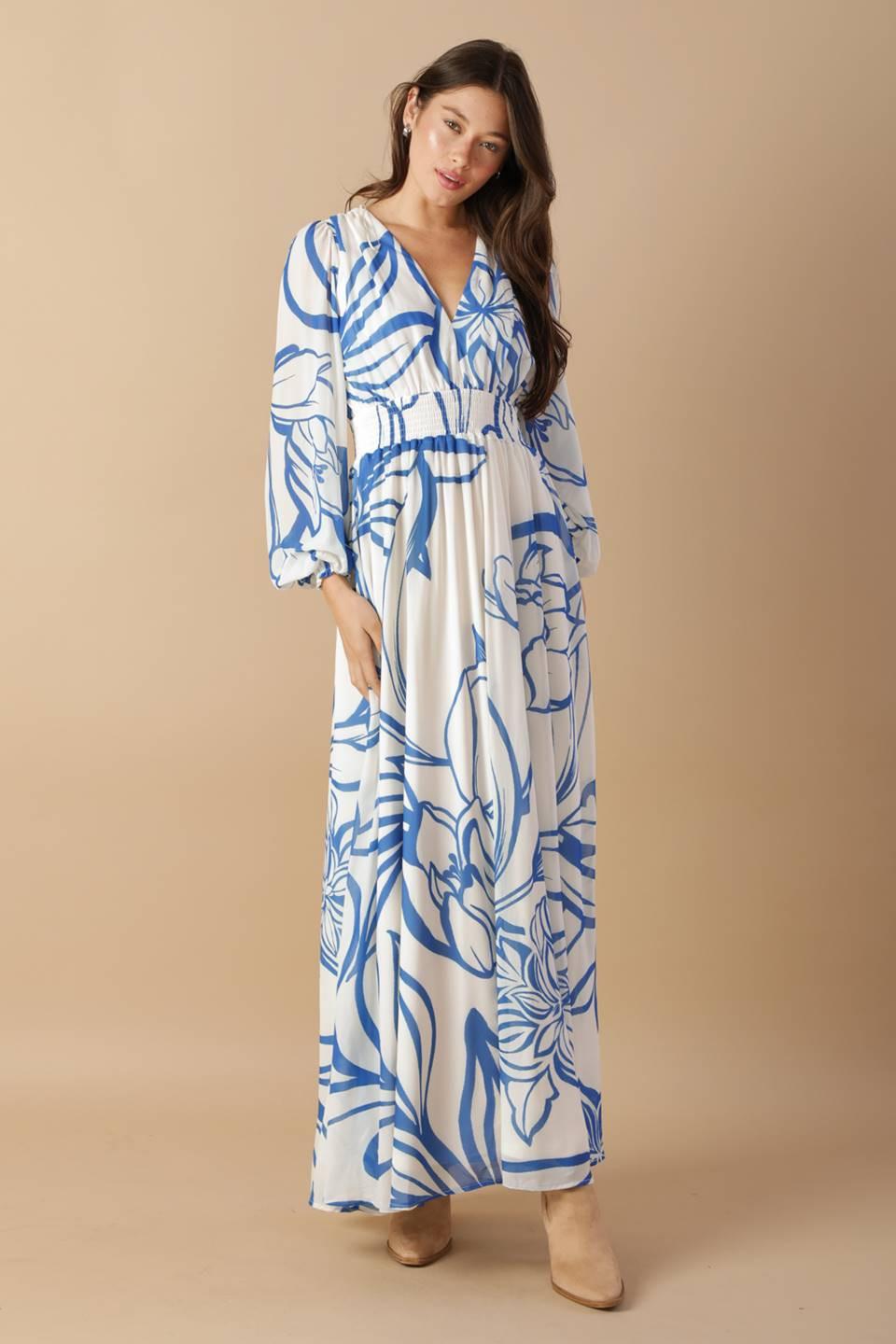 Women’s Printed Plunging V-Neck Maxi Dress – Long Sleeve Smocked Waist Flowing Dress