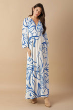 Women’s Printed Plunging V-Neck Maxi Dress – Long Sleeve Smocked Waist Flowing Dress