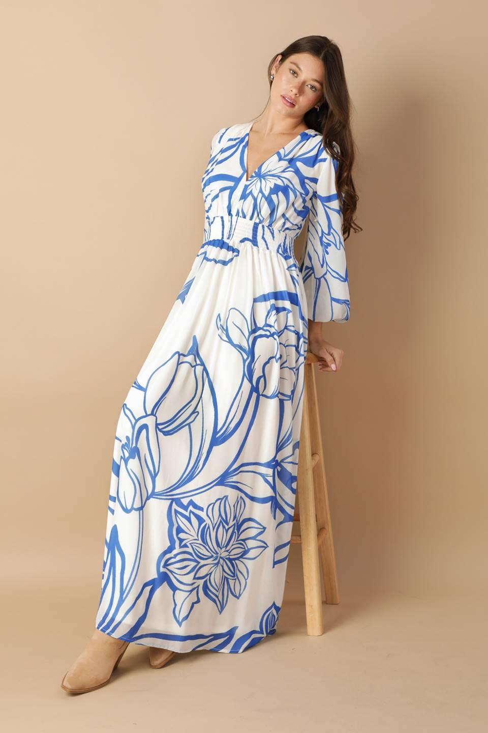 Women’s Printed Plunging V-Neck Maxi Dress – Long Sleeve Smocked Waist Flowing Dress