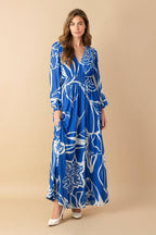 Women’s Printed Plunging V-Neck Maxi Dress – Long Sleeve Smocked Waist Flowing Dress