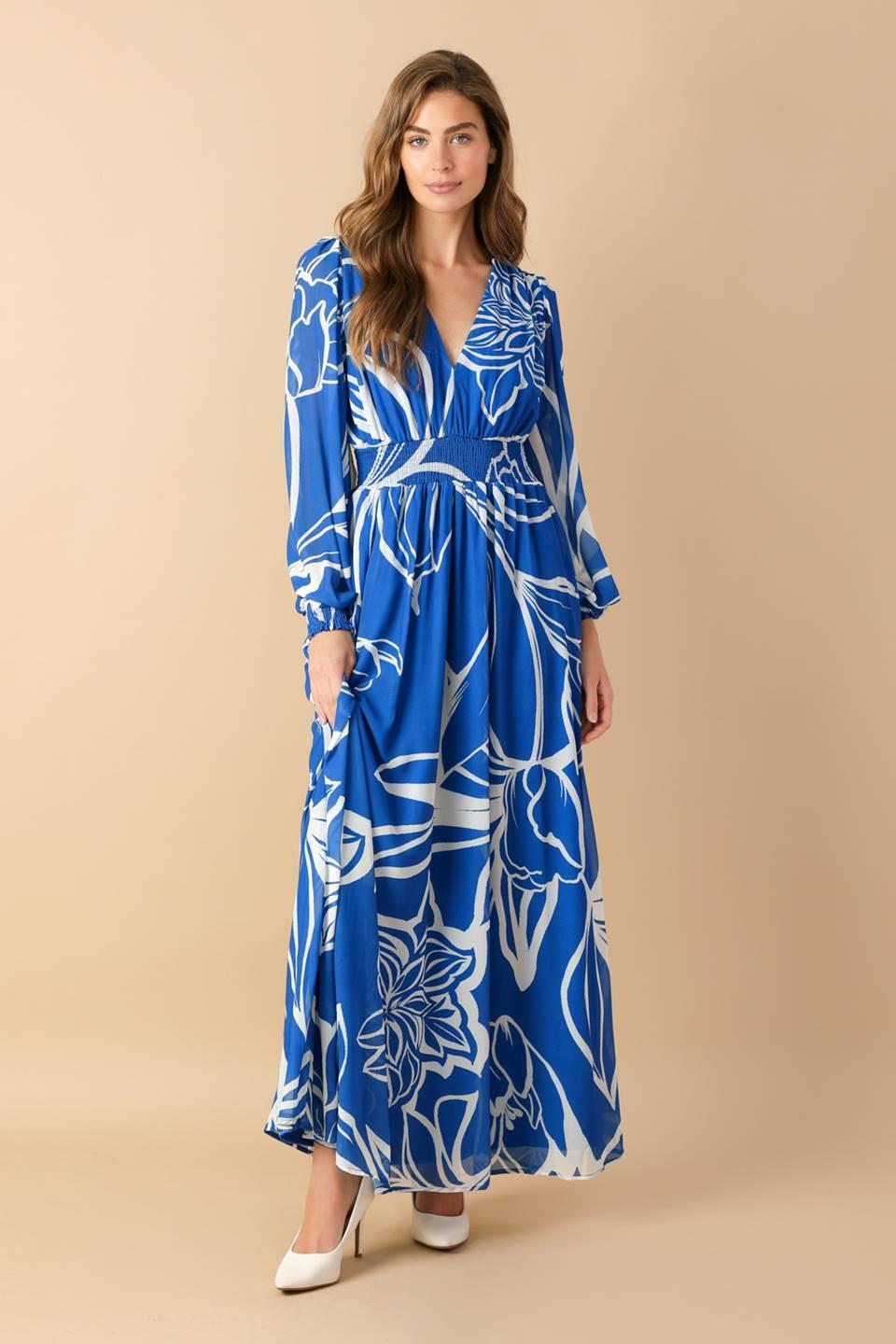 Women’s Printed Plunging V-Neck Maxi Dress – Long Sleeve Smocked Waist Flowing Dress