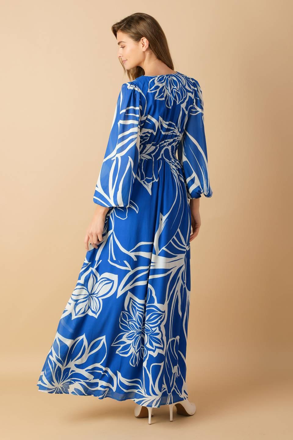 Women’s Printed Plunging V-Neck Maxi Dress – Long Sleeve Smocked Waist Flowing Dress