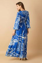 Women’s Printed Plunging V-Neck Maxi Dress – Long Sleeve Smocked Waist Flowing Dress