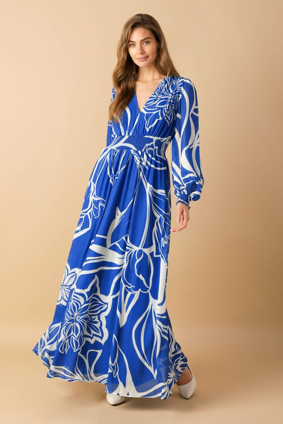 Women’s Printed Plunging V-Neck Maxi Dress – Long Sleeve Smocked Waist Flowing Dress