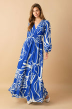 Women’s Printed Plunging V-Neck Maxi Dress – Long Sleeve Smocked Waist Flowing Dress
