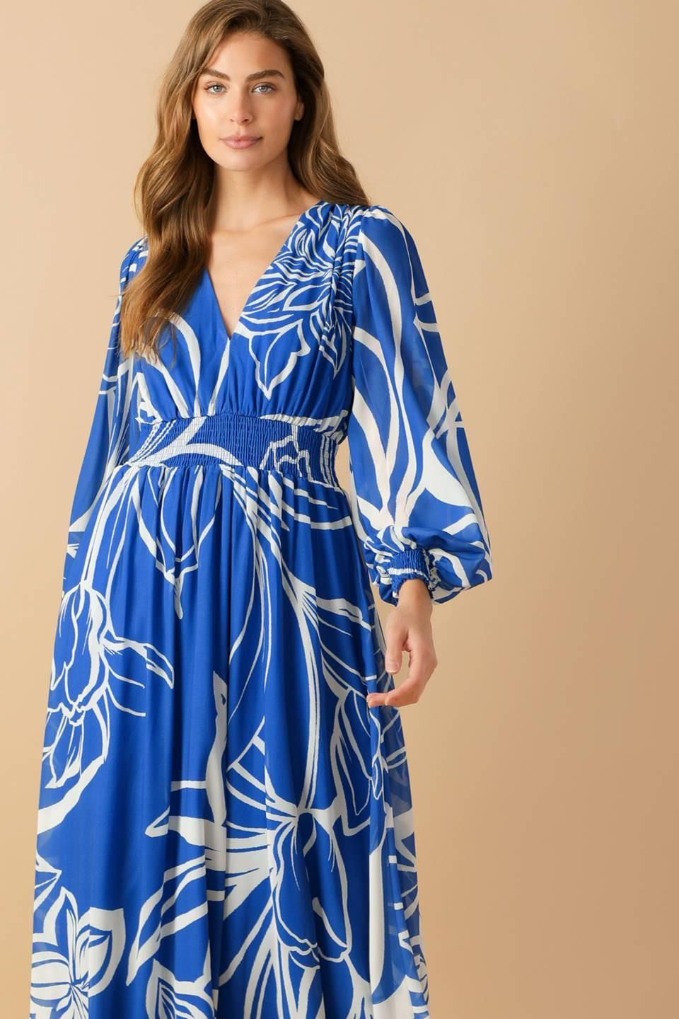 Women’s Printed Plunging V-Neck Maxi Dress – Long Sleeve Smocked Waist Flowing Dress