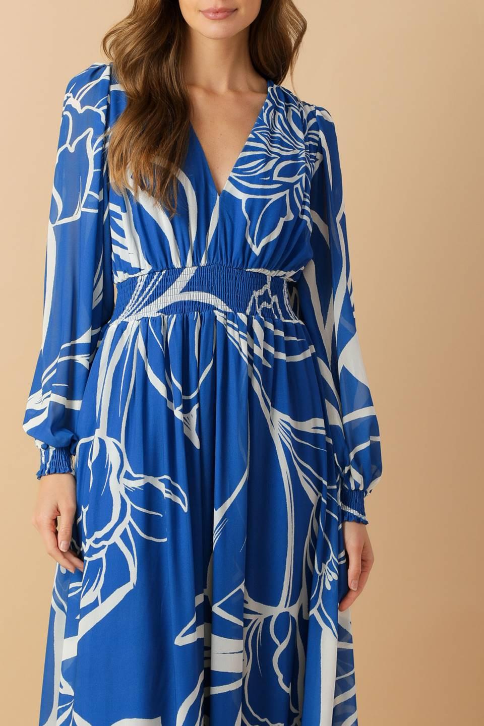Women’s Printed Plunging V-Neck Maxi Dress – Long Sleeve Smocked Waist Flowing Dress
