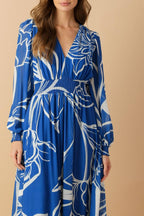 Women’s Printed Plunging V-Neck Maxi Dress – Long Sleeve Smocked Waist Flowing Dress