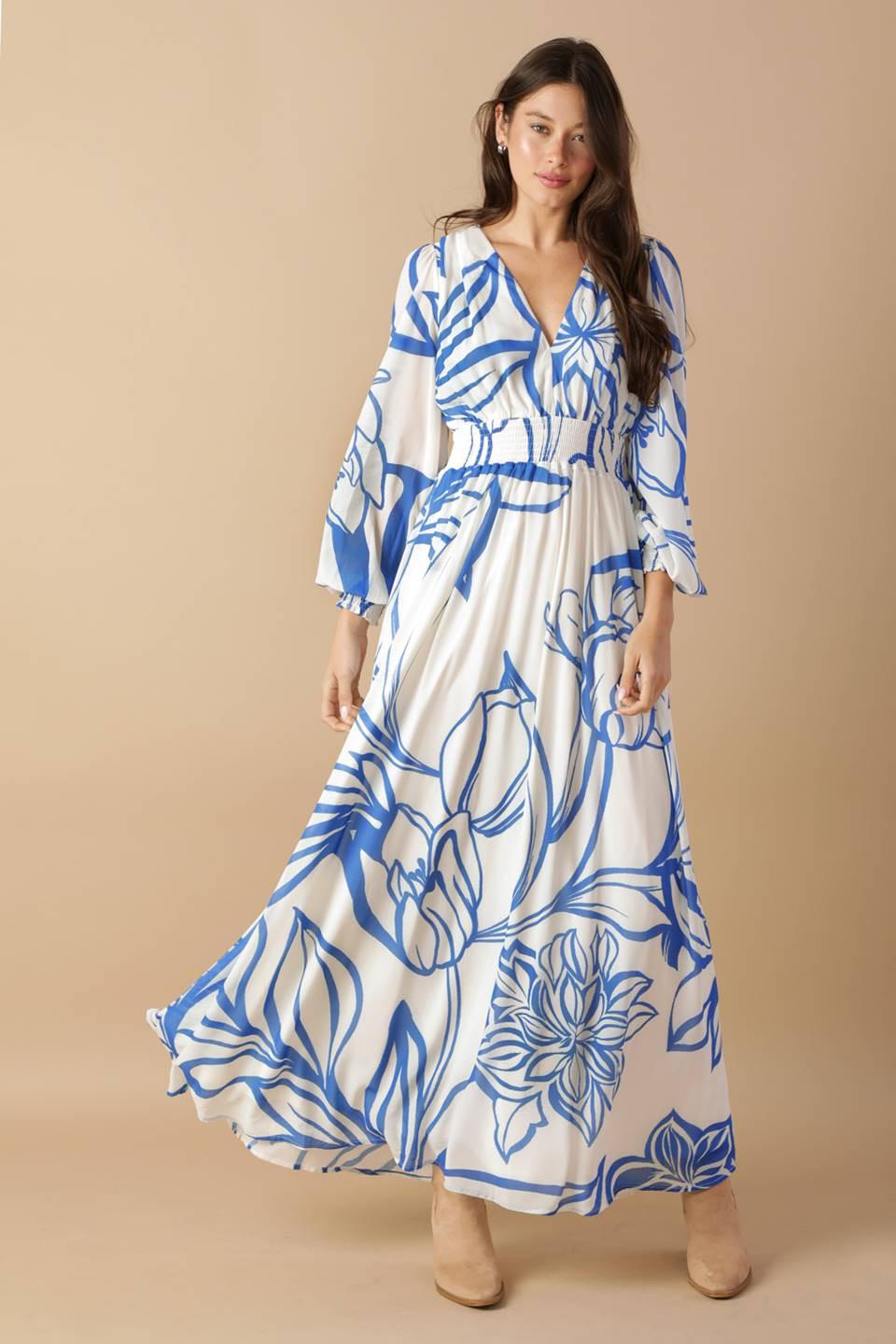Women’s Printed Plunging V-Neck Maxi Dress – Long Sleeve Smocked Waist Flowing Dress