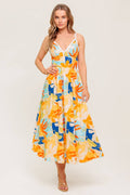 Printed Cotton Ric Rac Trim V-Neck Midi Dress