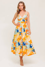 Printed Cotton Ric Rac Trim V-Neck Midi Dress