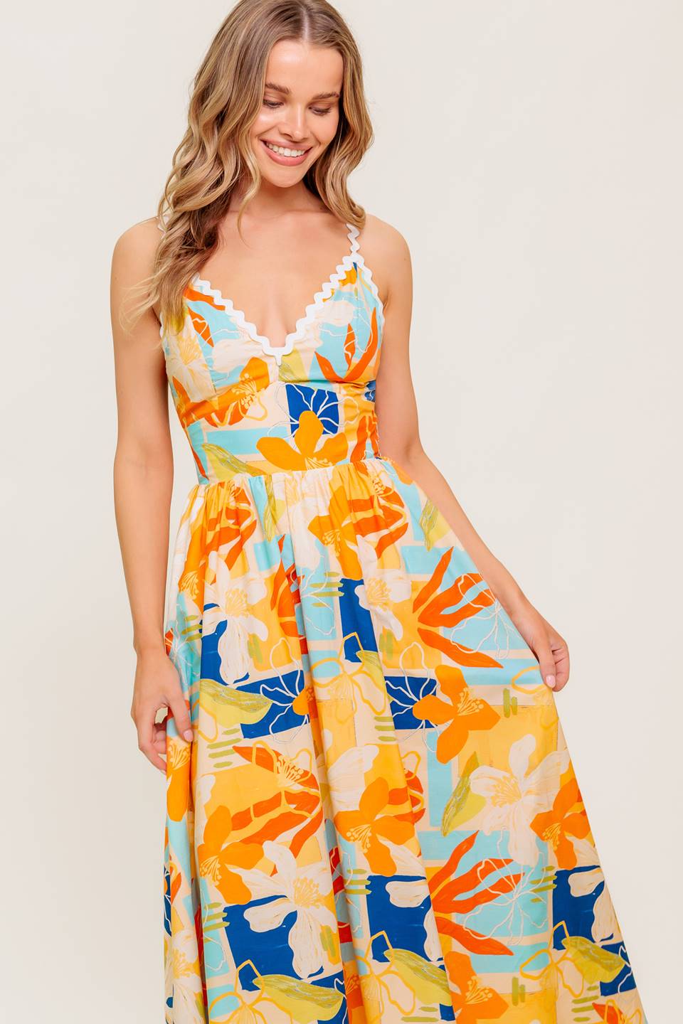 Printed Cotton Ric Rac Trim V-Neck Midi Dress