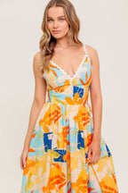 Printed Cotton Ric Rac Trim V-Neck Midi Dress