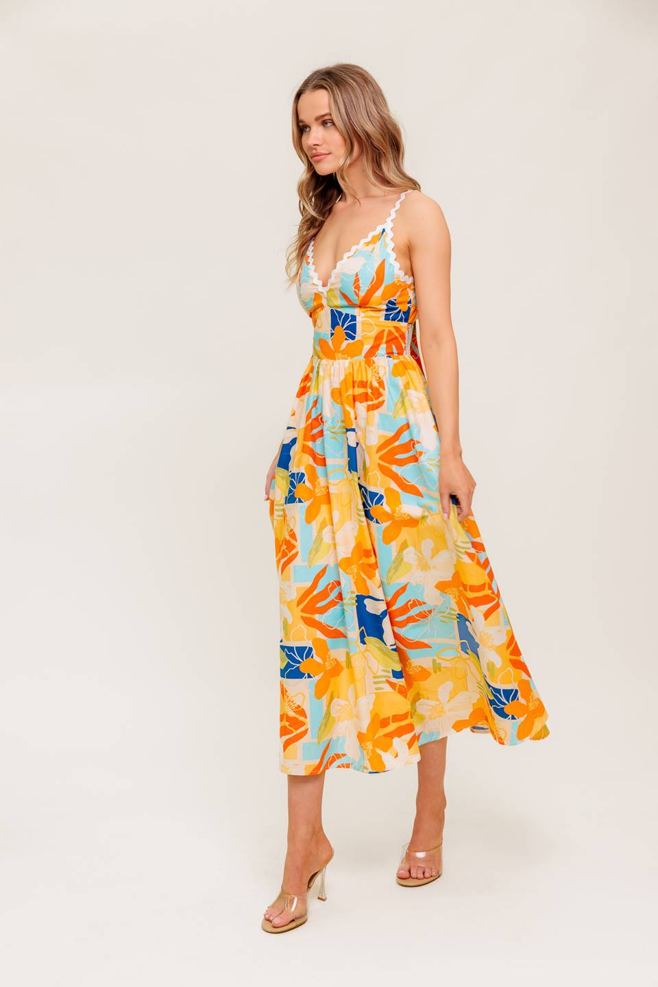 Printed Cotton Ric Rac Trim V-Neck Midi Dress