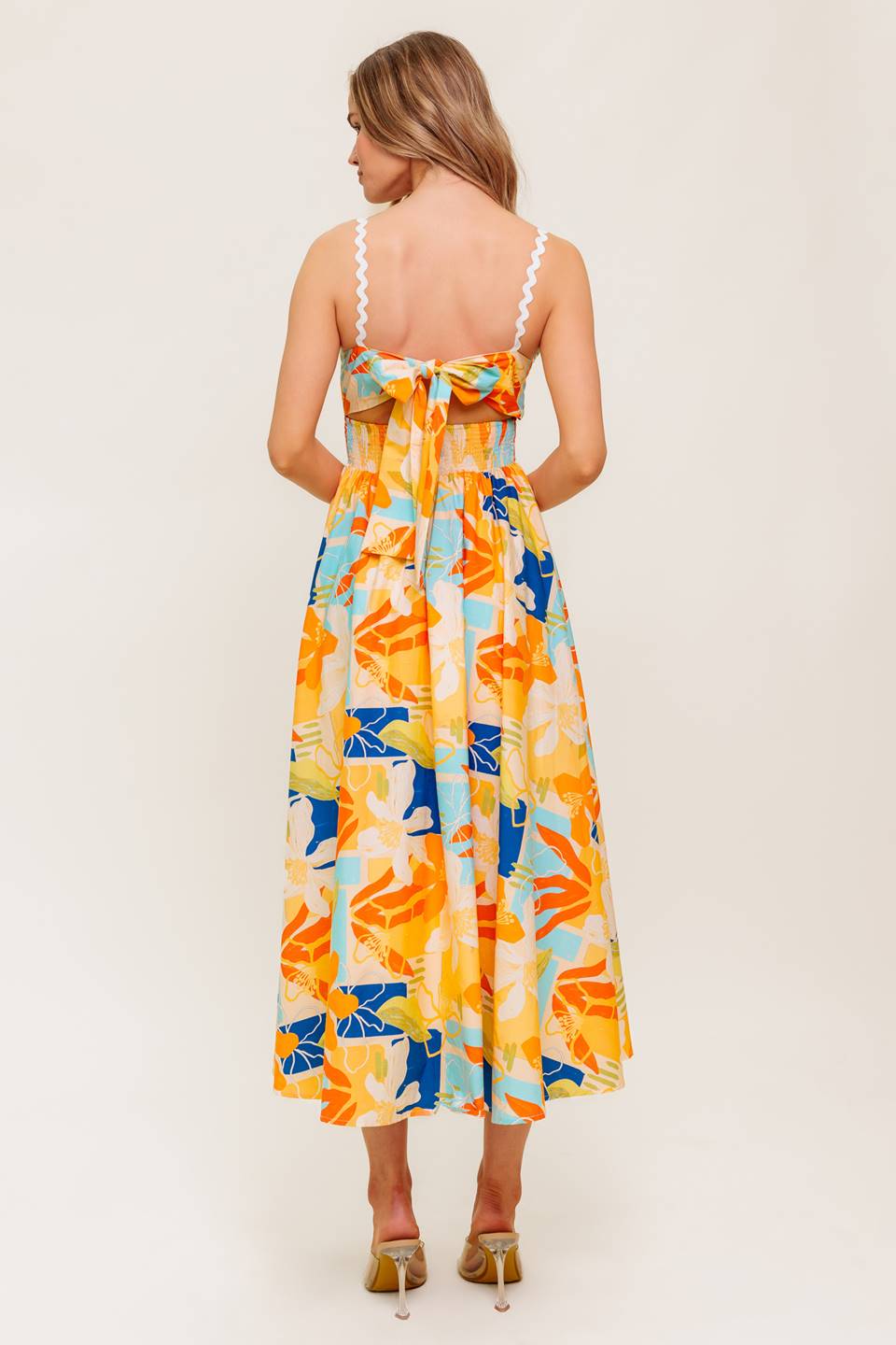 Printed Cotton Ric Rac Trim V-Neck Midi Dress