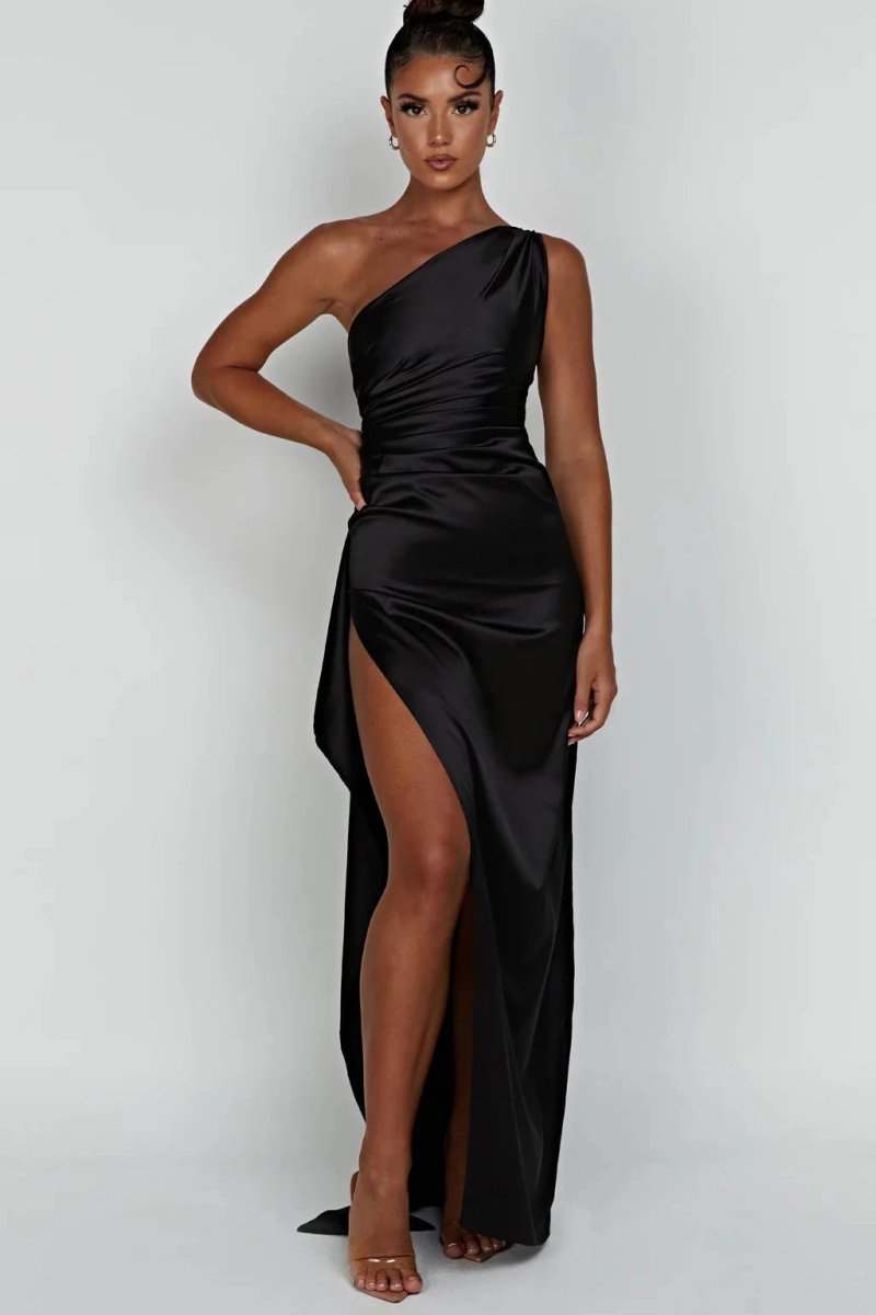 Ariel One-Shoulder Draped Satin Maxi Dress – Luxury Stretch Gown with Thigh Split | Effortless Elegance